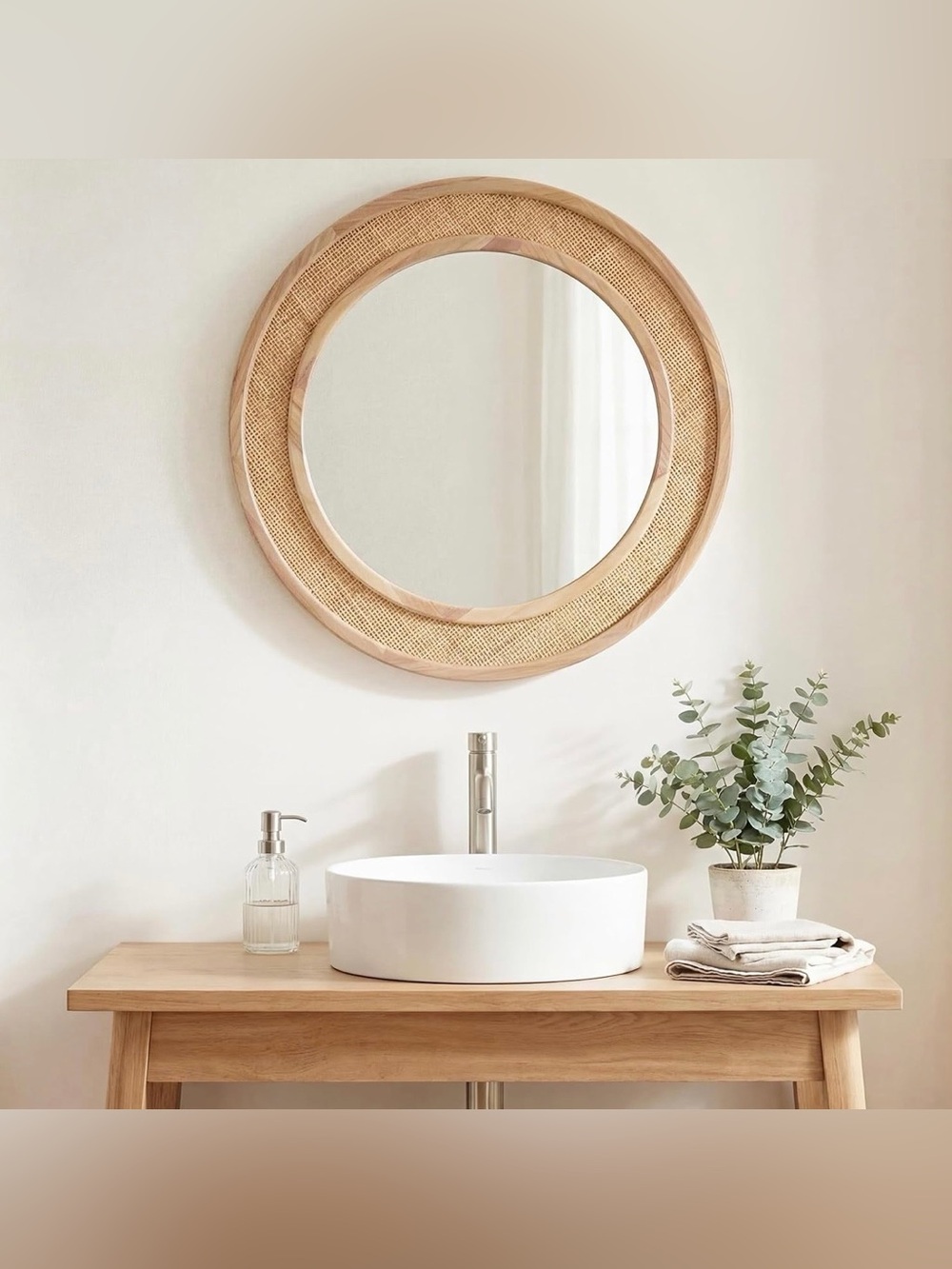 NEW West Elm Large Round Mirror Wicker Rattan Boho Wall Hanging Decor - 24” Diam - Picture 9 of 14